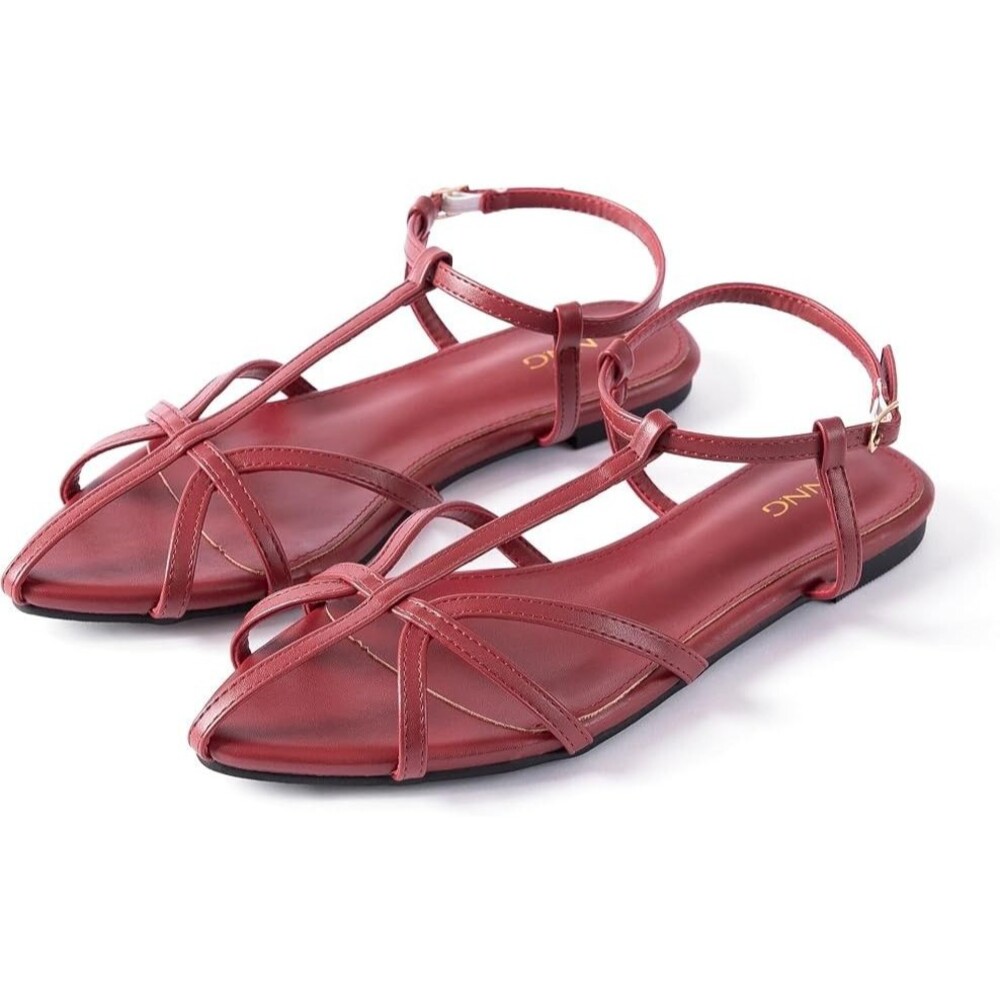 Women's Pointed Toe Gladiator Flat Sandals Ankle Strap Cushioned Dressy Shoes